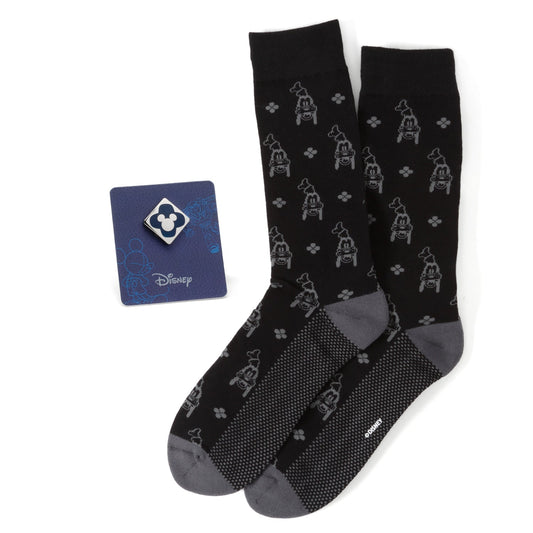 Black socks with gray pattern and gray toes/shoe lining, displayed with a Disney card on a white background.