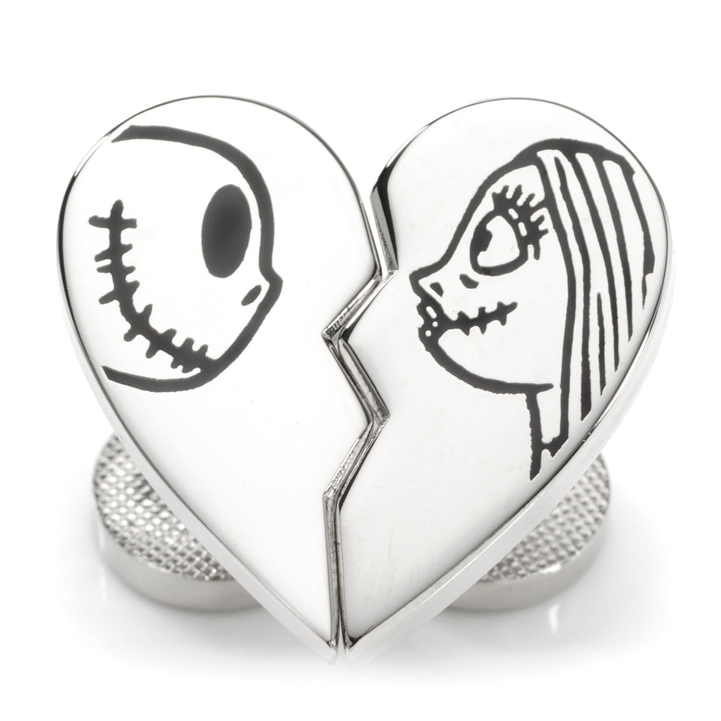 Heart-shaped charm with a broken design featuring a skull and a face on a white background