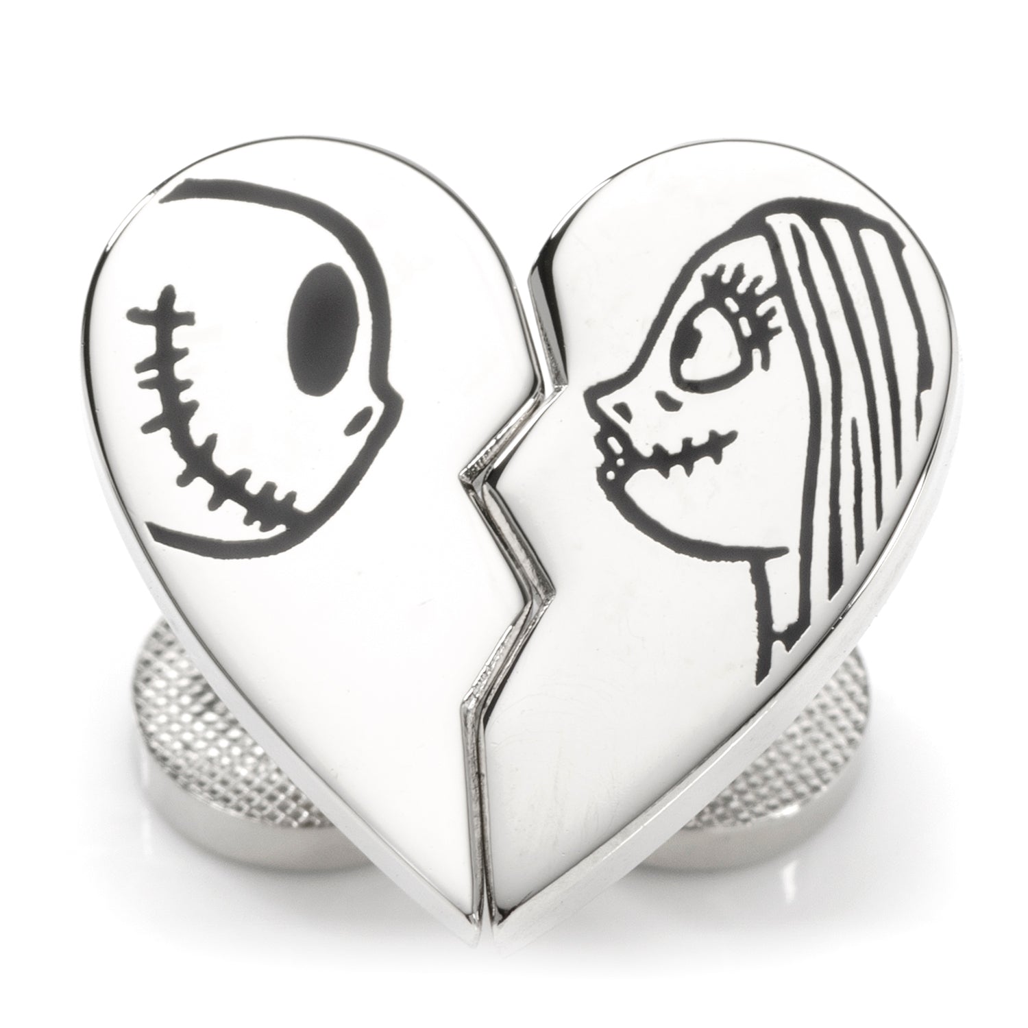 Heart-shaped charm with a broken design featuring a skull and a face on a white background