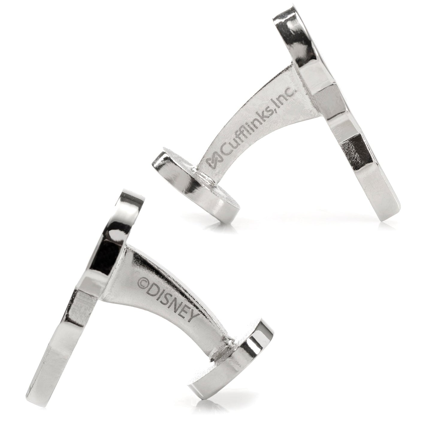 Silver cufflinks with 'B&Co Cufflinks, Inc.' and 'Disney' branding on a white background