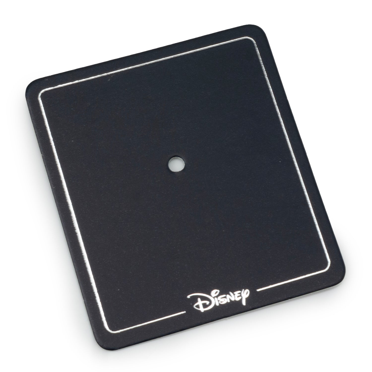 Black square object with a white dot and Disney logo on a white background