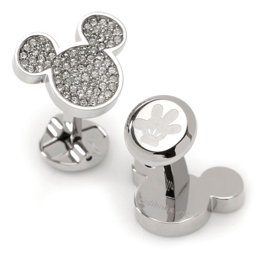 Silver Mickey Mouse cufflinks with rhinestone details on a white background