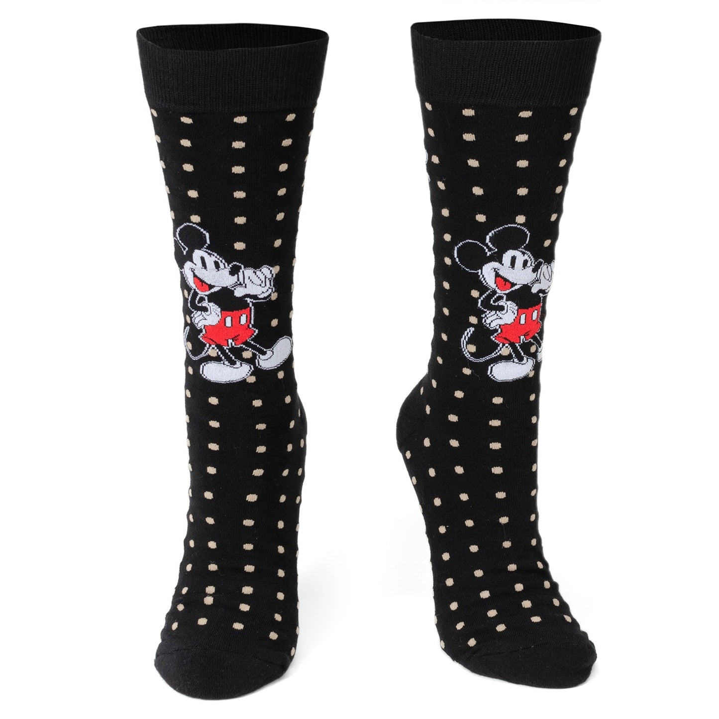 Black socks with white polka dots and Mickey Mouse design on a white background
