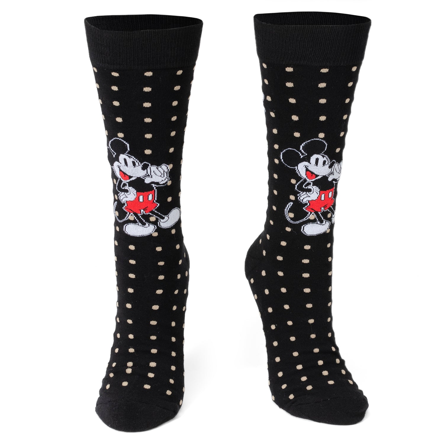 Black socks with white polka dots and Mickey Mouse design on a white background