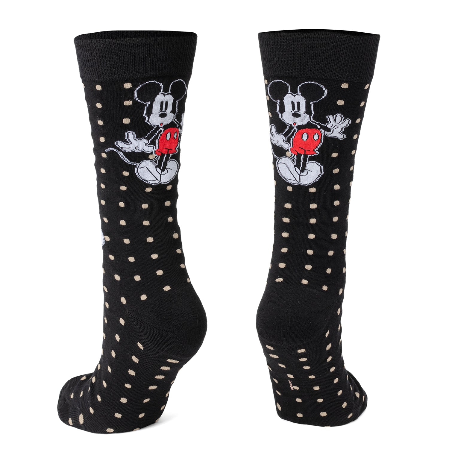 Black socks with white polka dots and a cartoon character on a white background