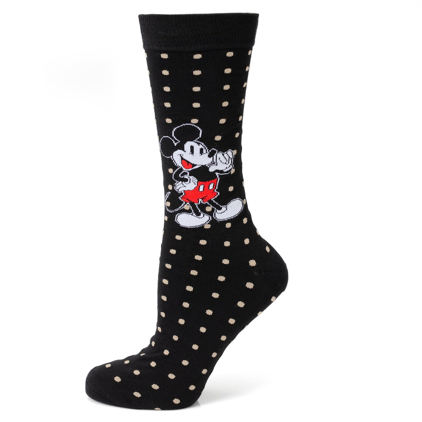 Black sock with white polka dots featuring a cartoon character on a white background