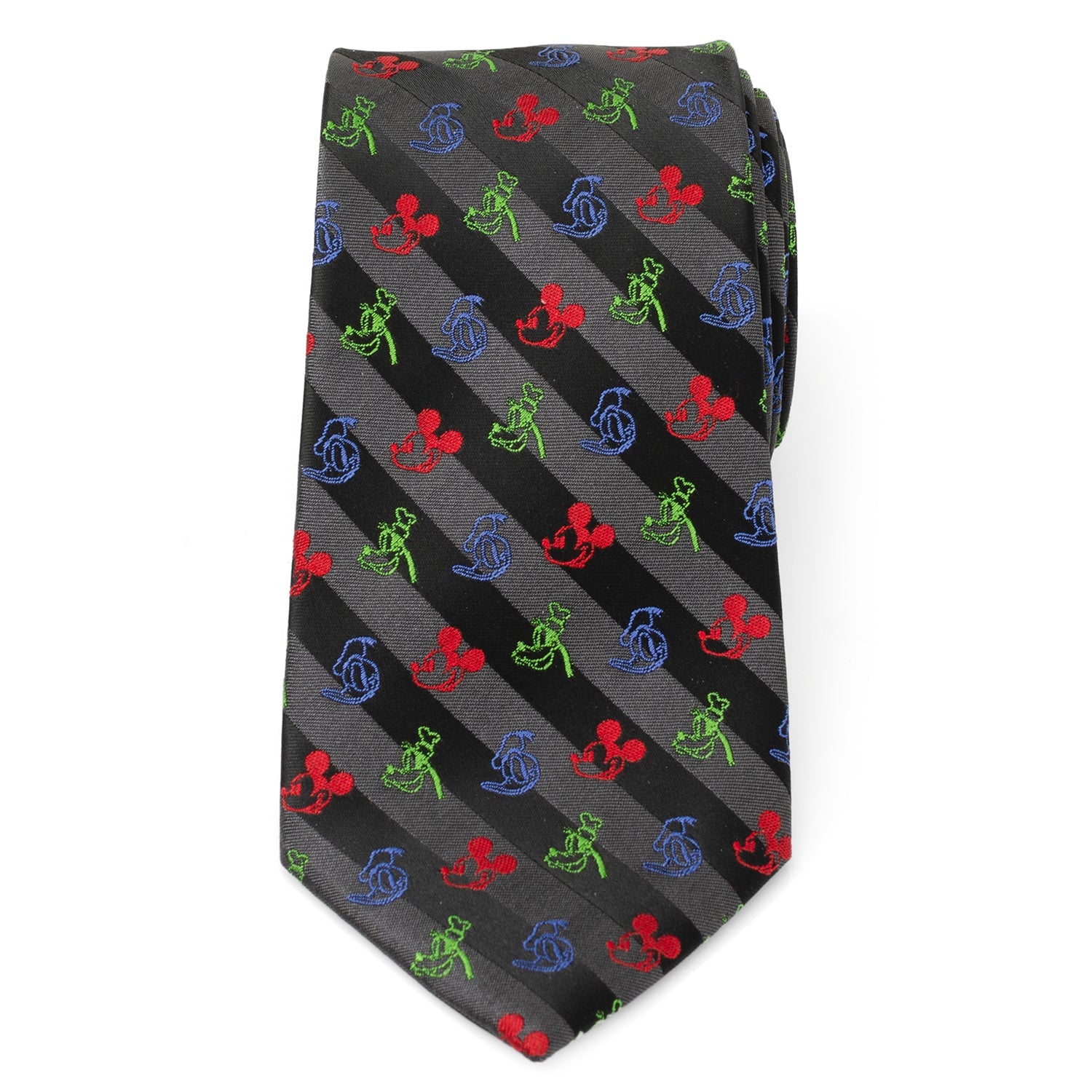 Tie with colorful frog pattern on a black and gray striped background