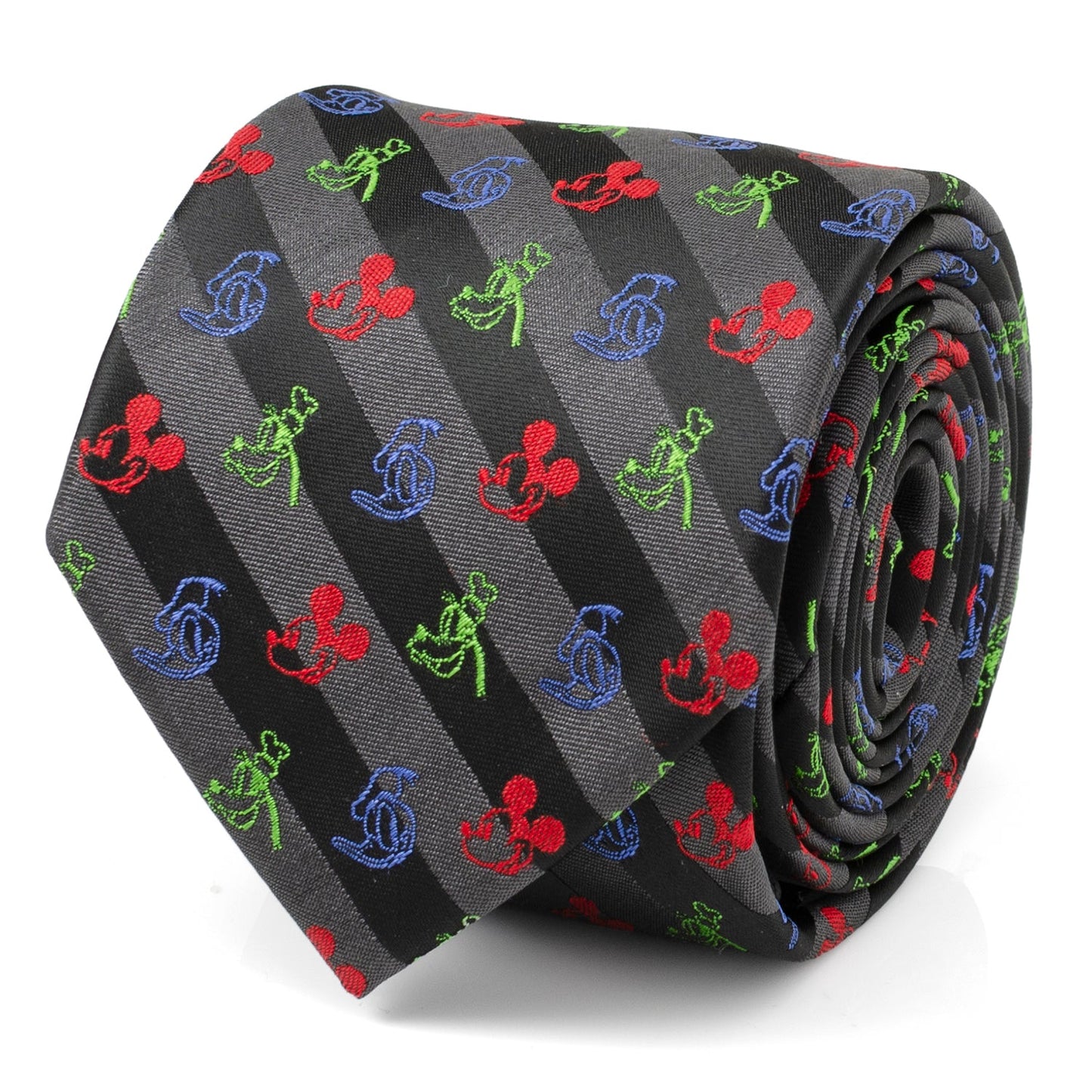 Roll of a tie with colorful patterns on a gray background