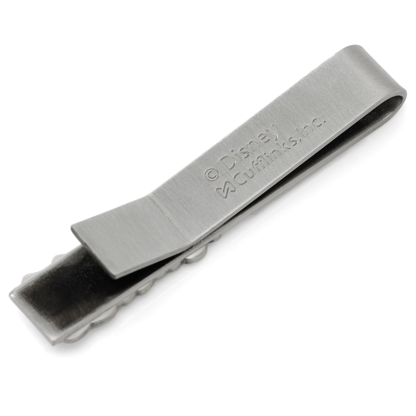 Silver tie clip with 'Disney & Co.' engraving on a white background