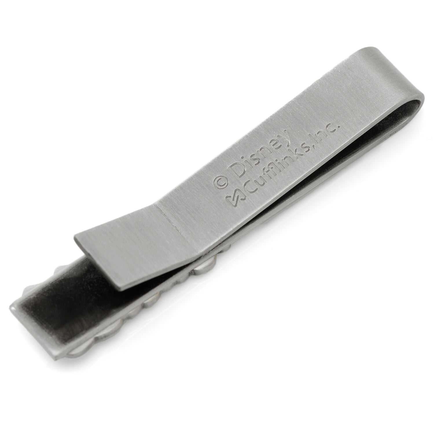 Silver tie clip with 'Disney & Co.' engraving on a white background