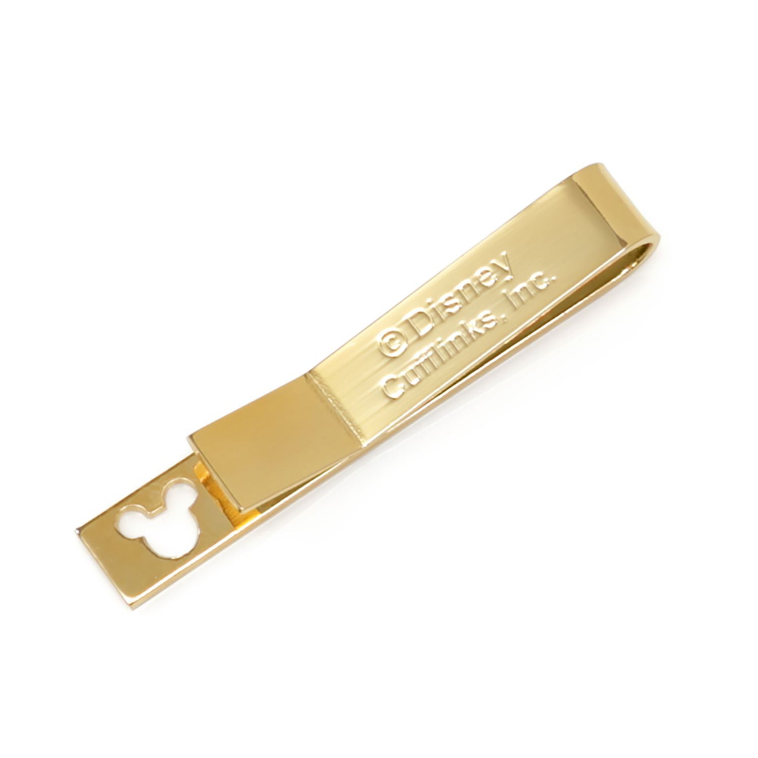 Gold tie clip with 'GDisney Couture Inc.' engraving on a white background