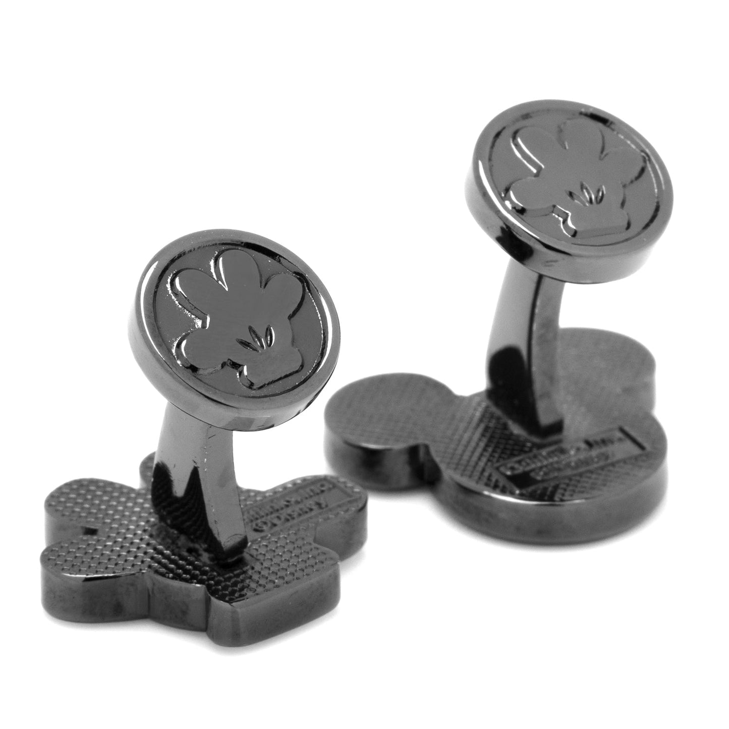Black Mickey Mouse cufflinks on a white background