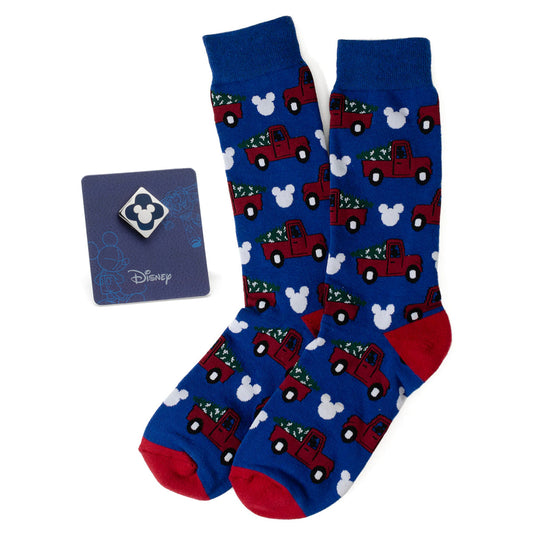 Blue socks with red trucks and white Mickey Mouse heads on a white background, featuring a Disney logo.