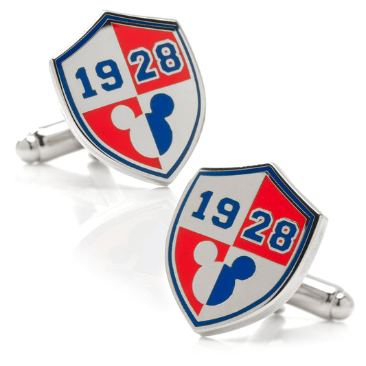 Shiny silver cufflinks with a red, white, and blue design featuring the number '1928'. Disney cufflinks