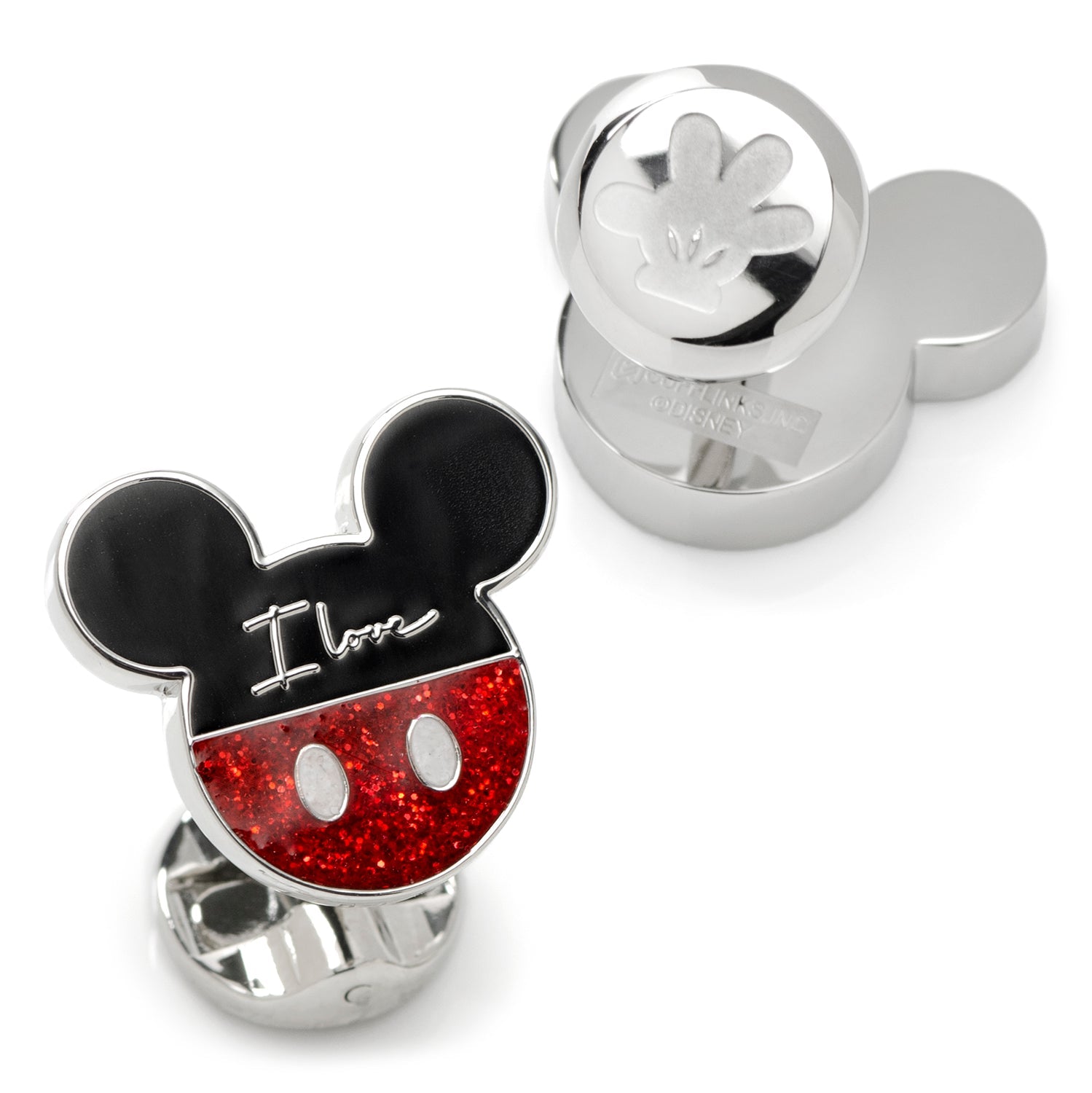 Mickey Mouse-themed cufflinks with red glittery face and silver accents on a white background