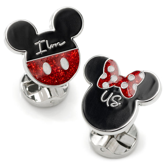 Mickey and Minnie Mouse cufflinks with 'I Love Us' text on a white background