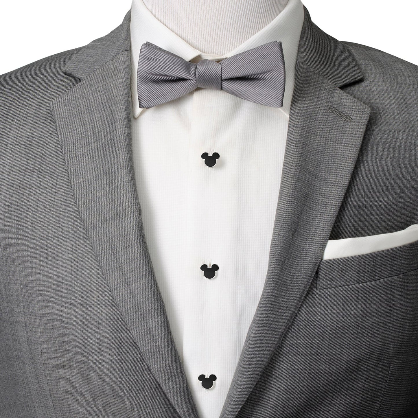 Gray tuxedo with a bow tie and pocket square on a mannequin