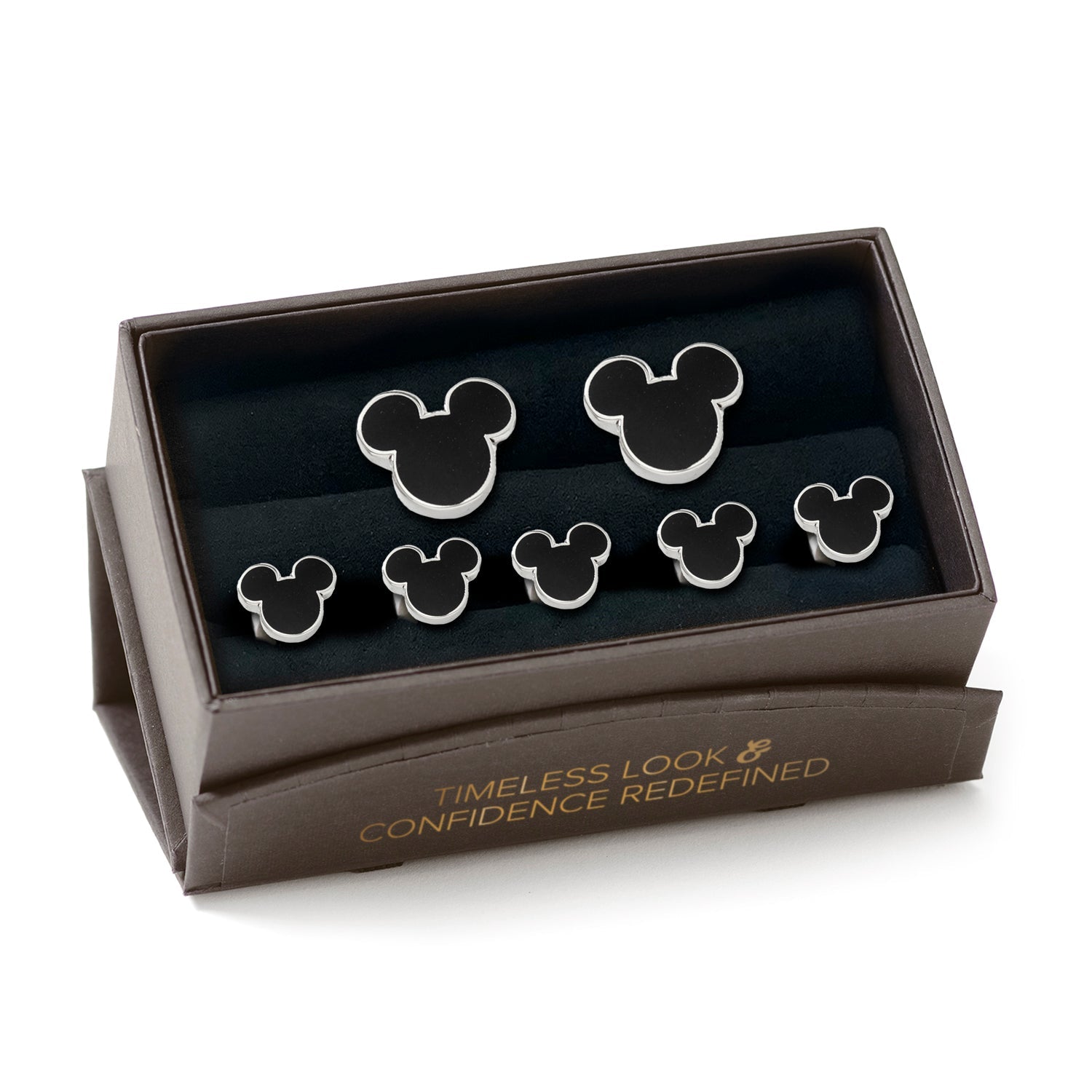 Set of silver Mickey Mouse head-shaped cufflinks in a branded box.