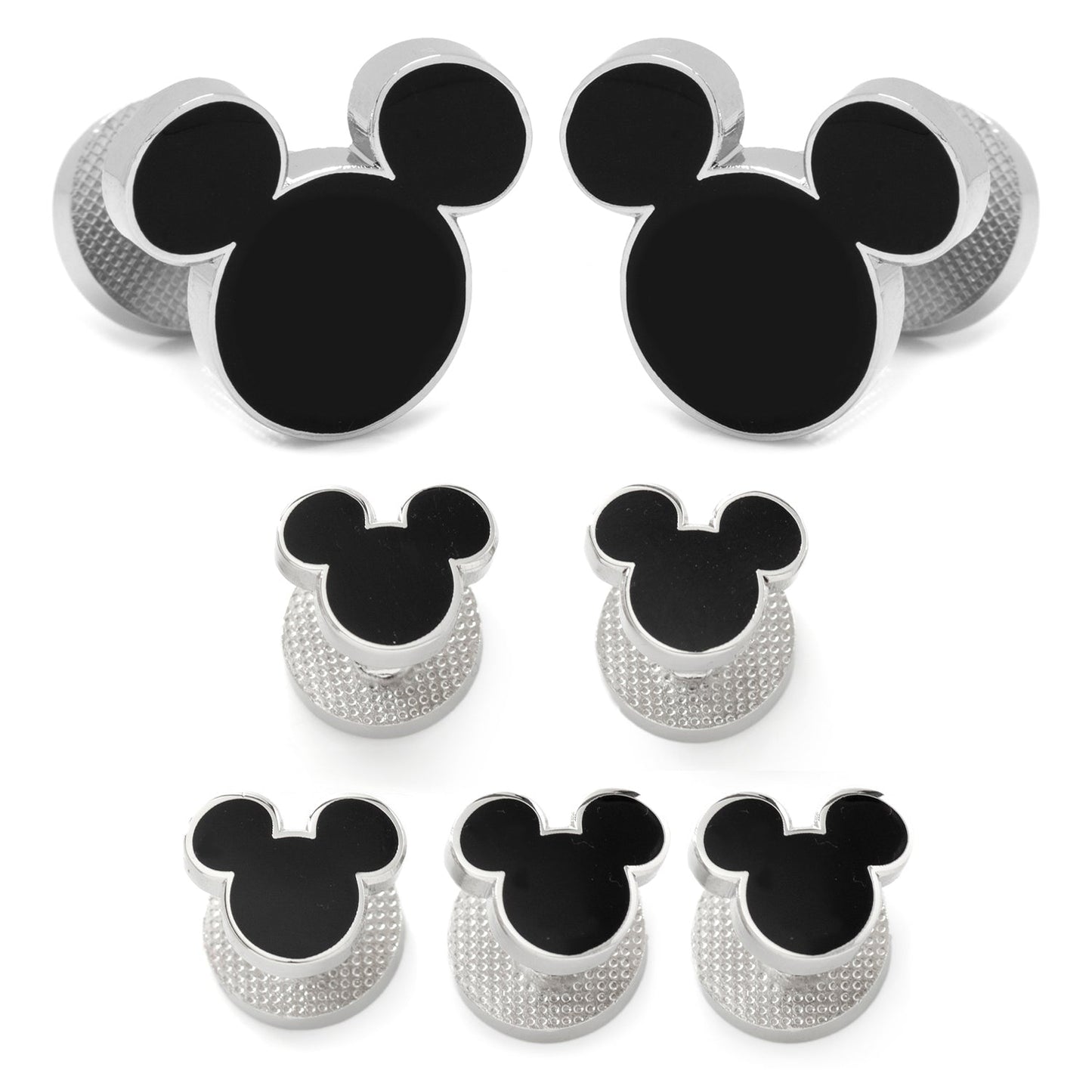 Set of eight metallic knobs with Mickey Mouse head design on a white background