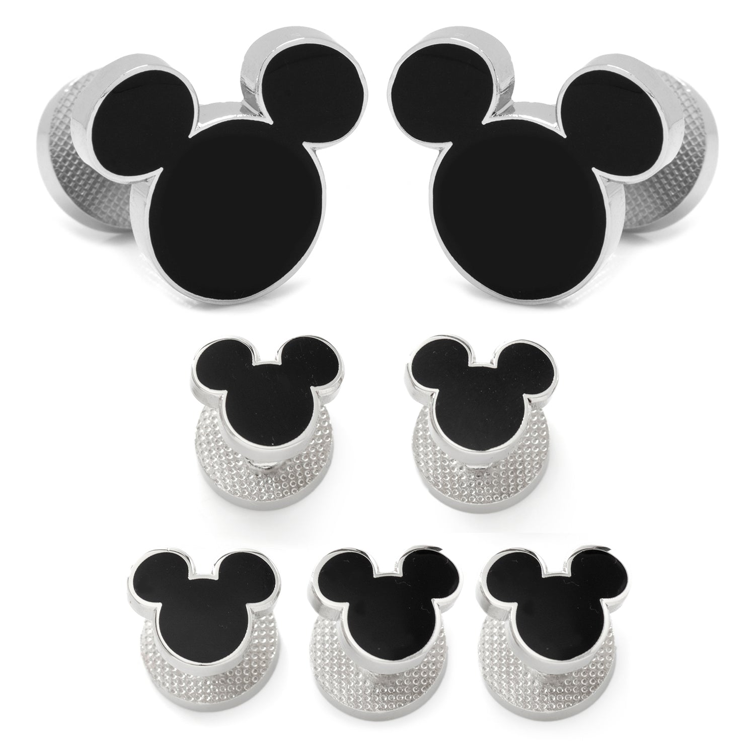 Set of eight metallic knobs with Mickey Mouse head design on a white background