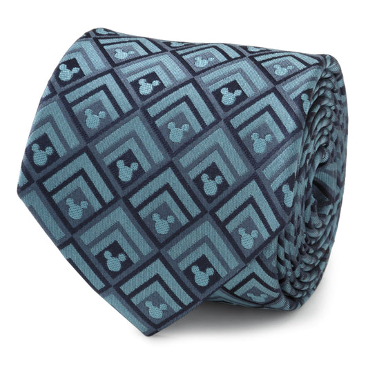 Disney Mickey Mouse Diamond Teal Men’s Tie featuring teal and blue chevron diamond pattern with hidden Mickey icons, officially licensed by Disney.
