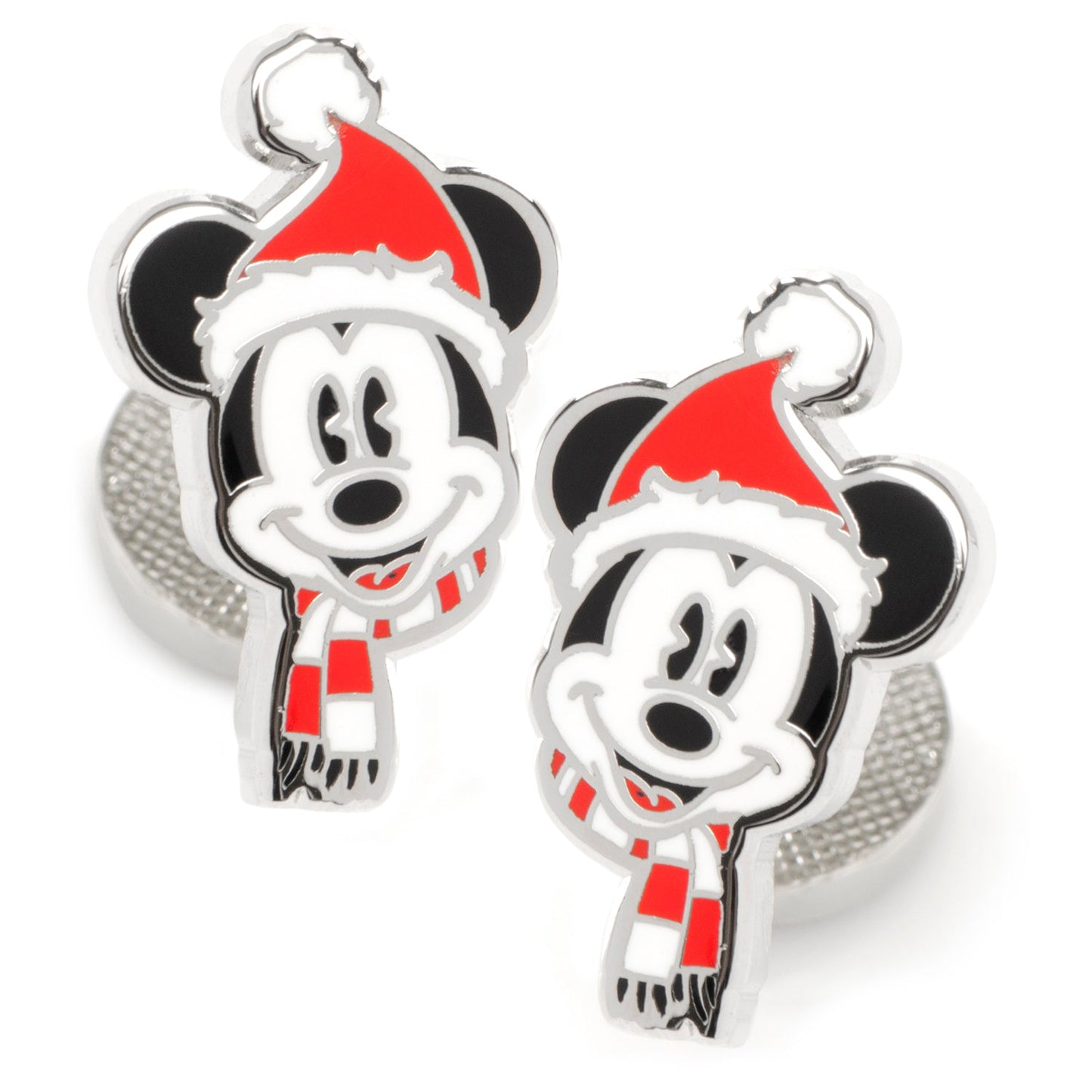 Two Disney character earrings with Santa hats and scarves on a white background