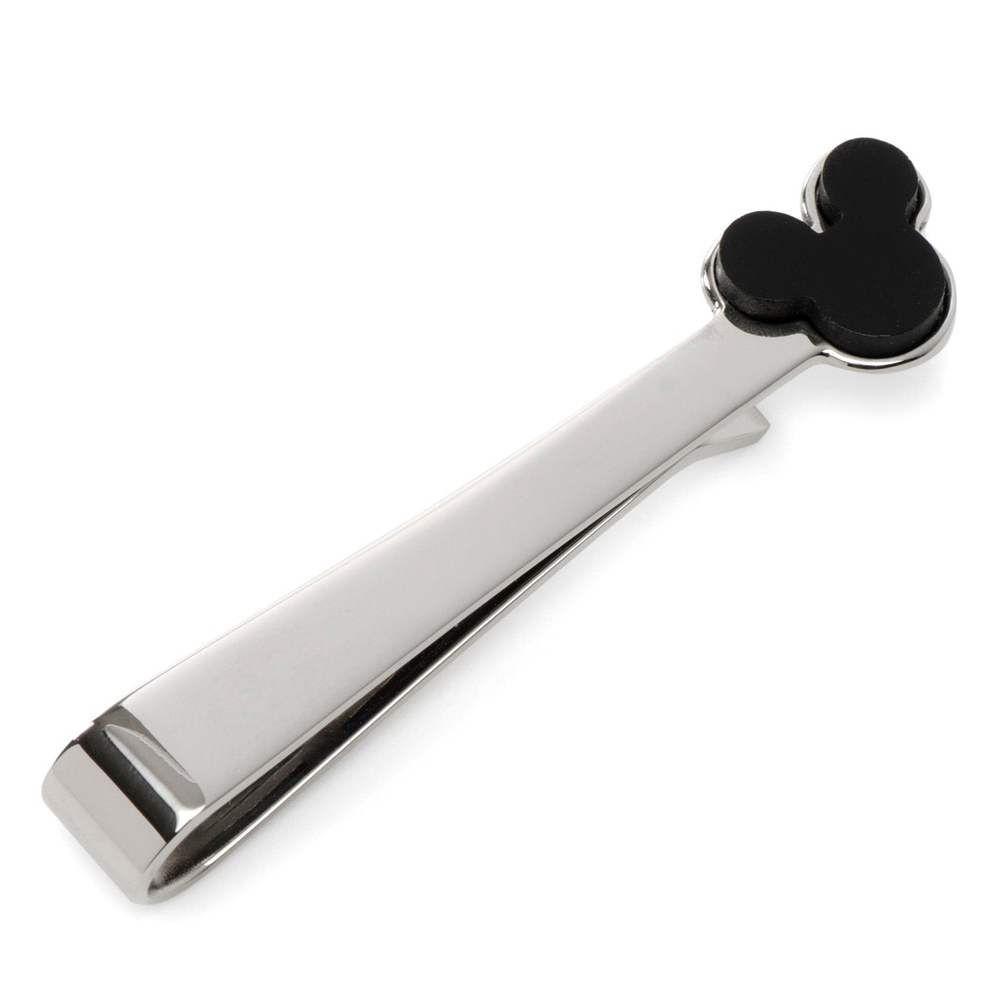 Metallic tie clip with a black mouse ear design on a white background
