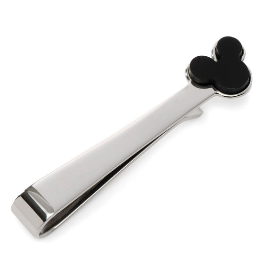 Metallic tie clip with a black mouse ear design on a white background