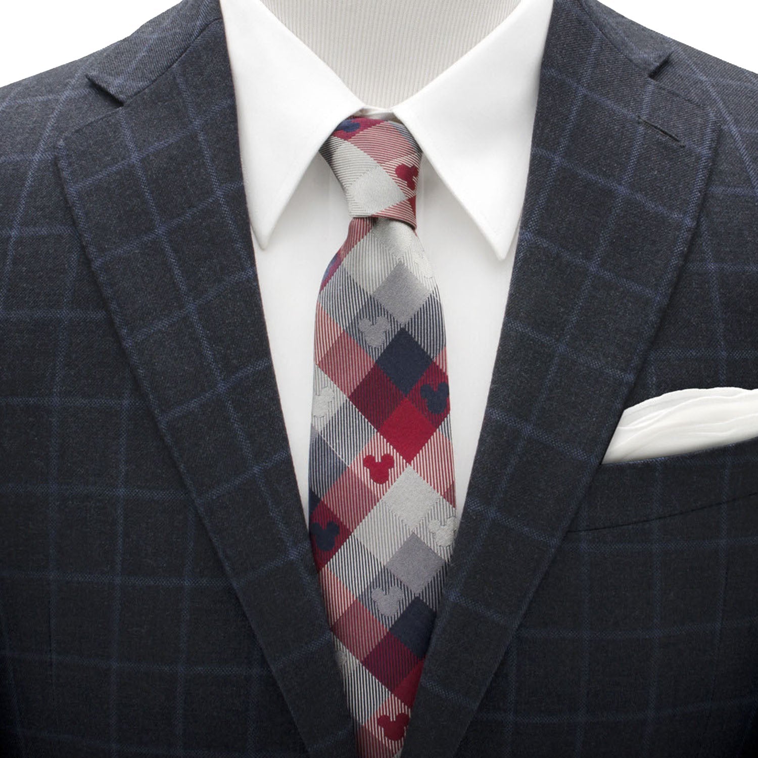 Disney Mickey Mouse Red and Blue Plaid Silk Men’s Tie featuring classic check pattern with subtle Mickey icons, officially licensed by Disney.