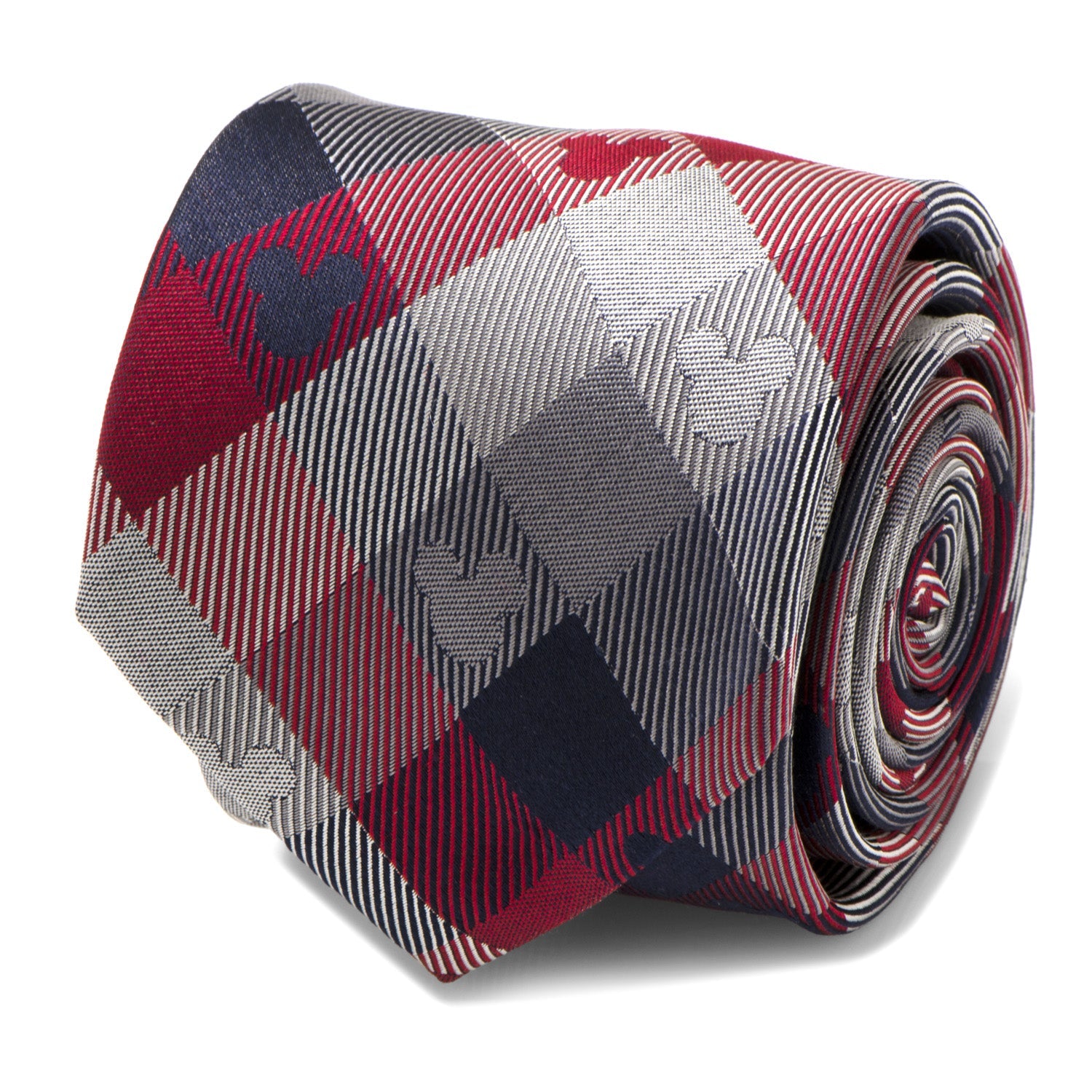 Disney Mickey Mouse Red and Blue Plaid Silk Men’s Tie featuring classic check pattern with subtle Mickey icons, officially licensed by Disney.