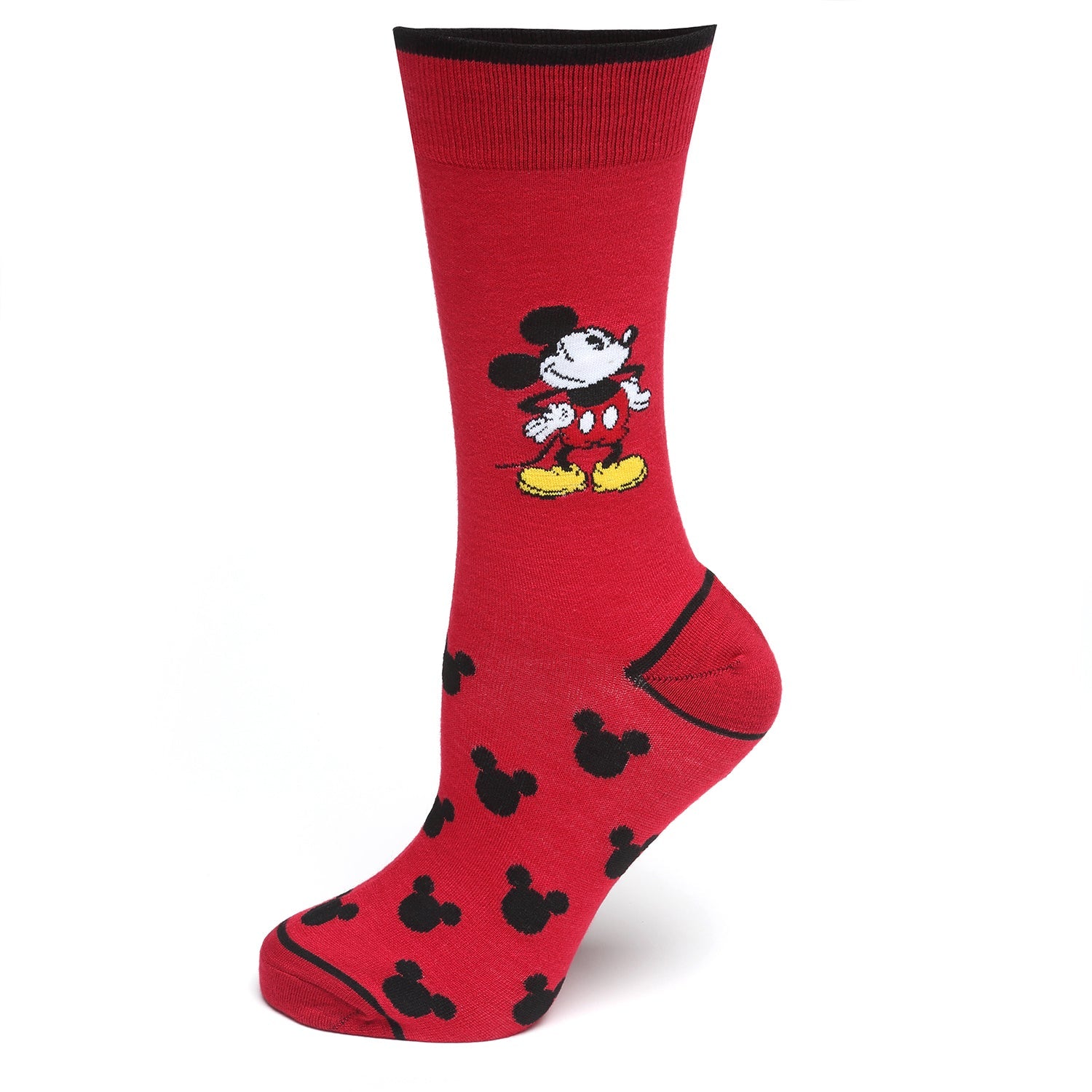 Red sock with black mouse ears design on a white background