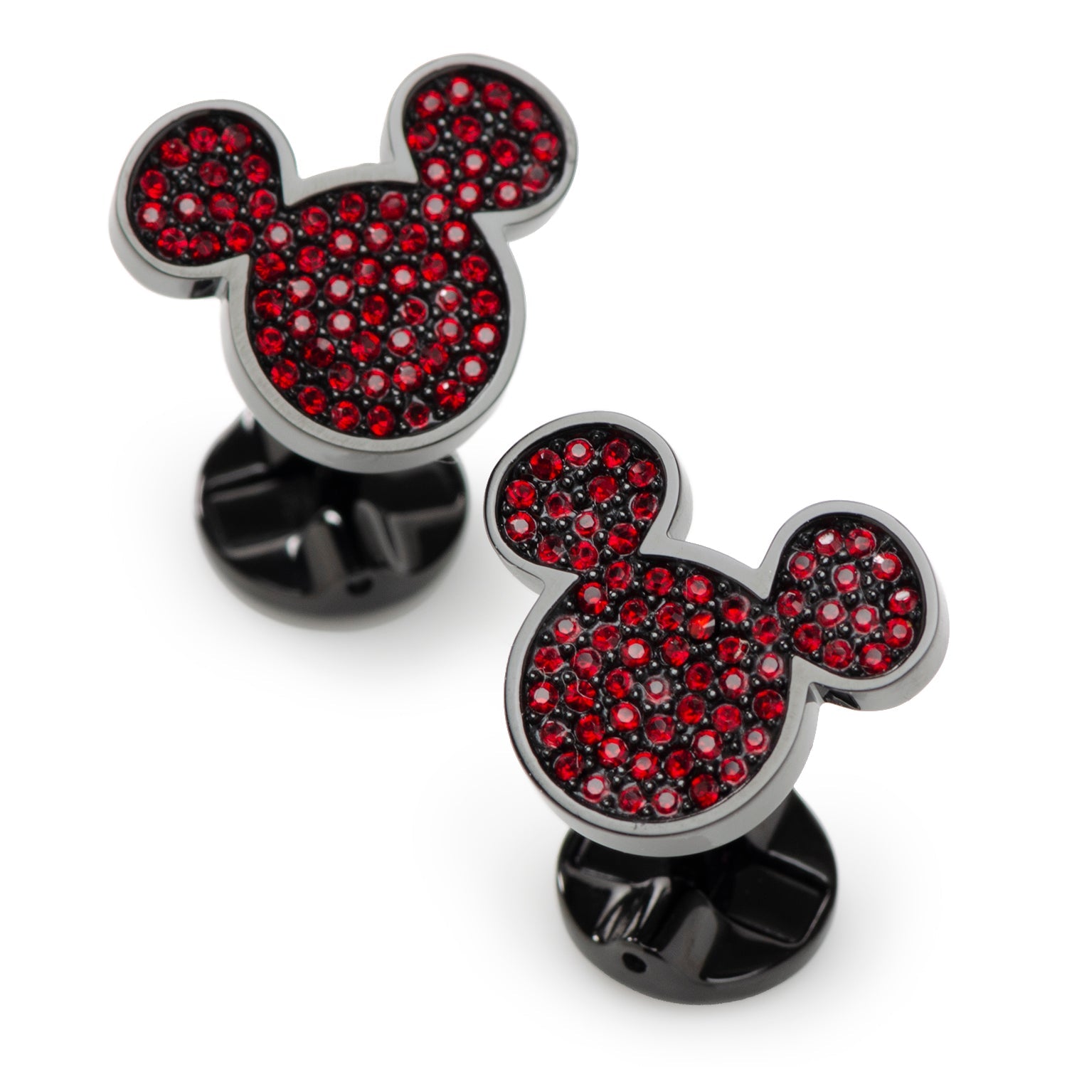 Mickey Mouse head-shaped earrings with red gemstones on a white background