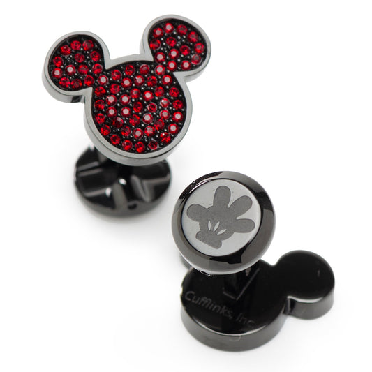 Mickey Mouse-shaped cufflinks with red gemstones on a white background