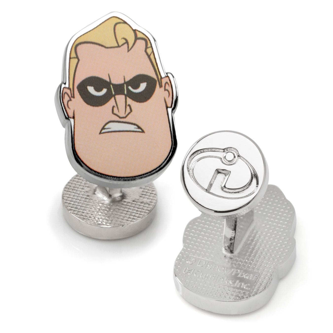 Cufflinks with a cartoon character face and logo on a white background