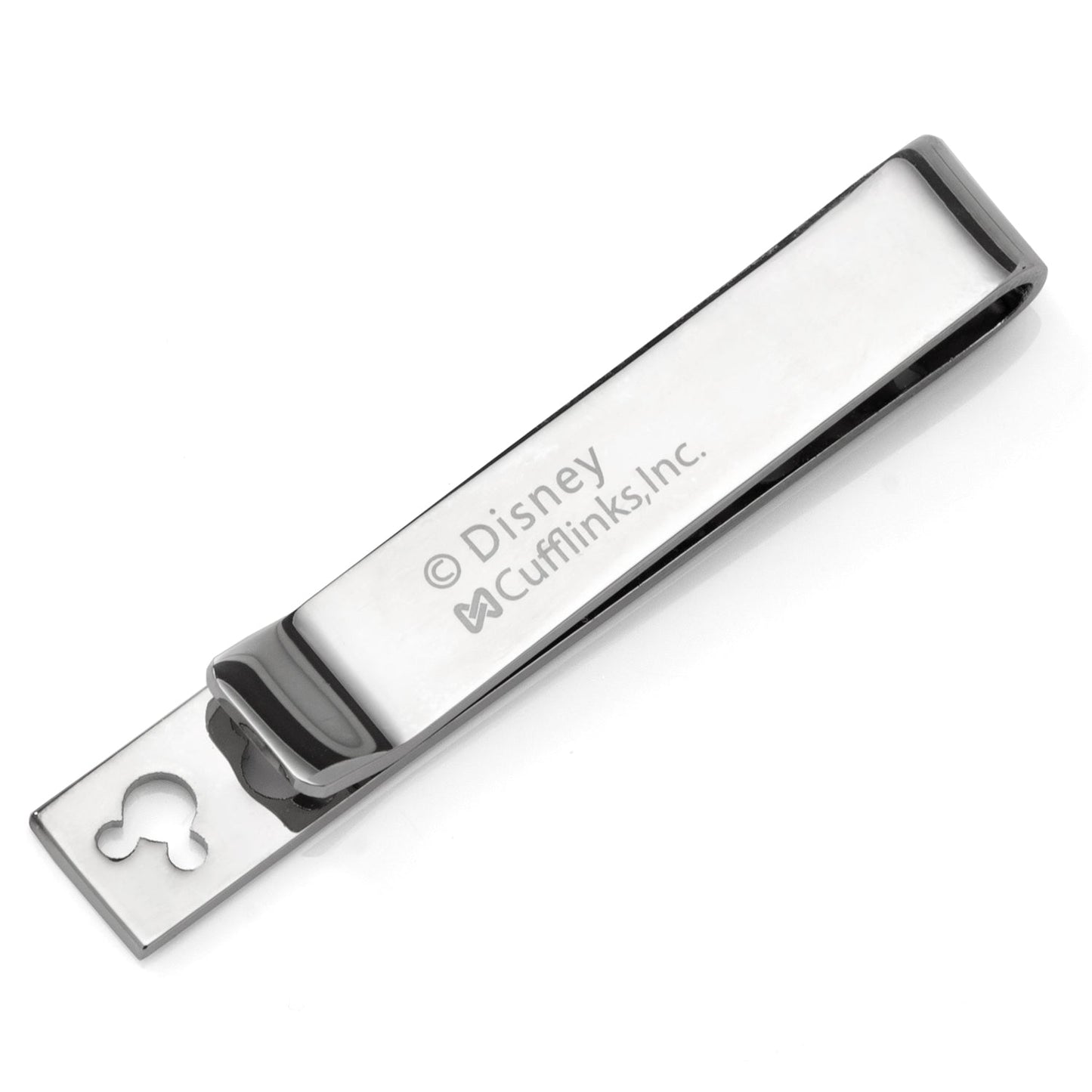 Silver tie clip with 'Disney Cufflinks, Inc.' engraving on a white background