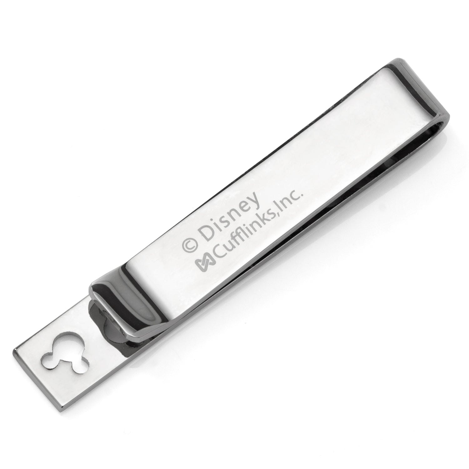 Silver tie clip with 'Disney Cufflinks, Inc.' engraving on a white background