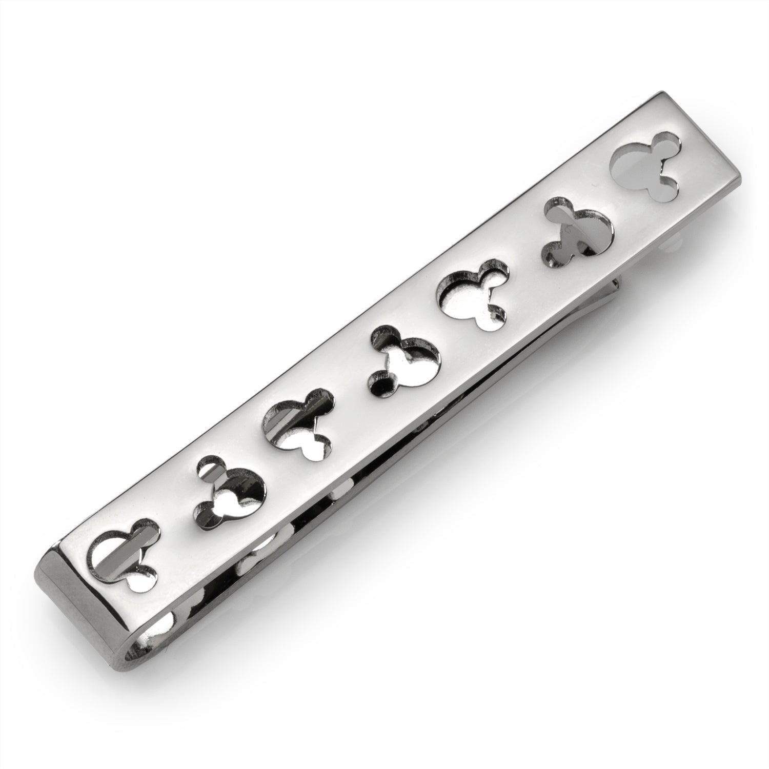 Silver bar with cut-out heart designs on a white background Disney Mickey Mouse Silhouette Cutout Silver Tie Bar
