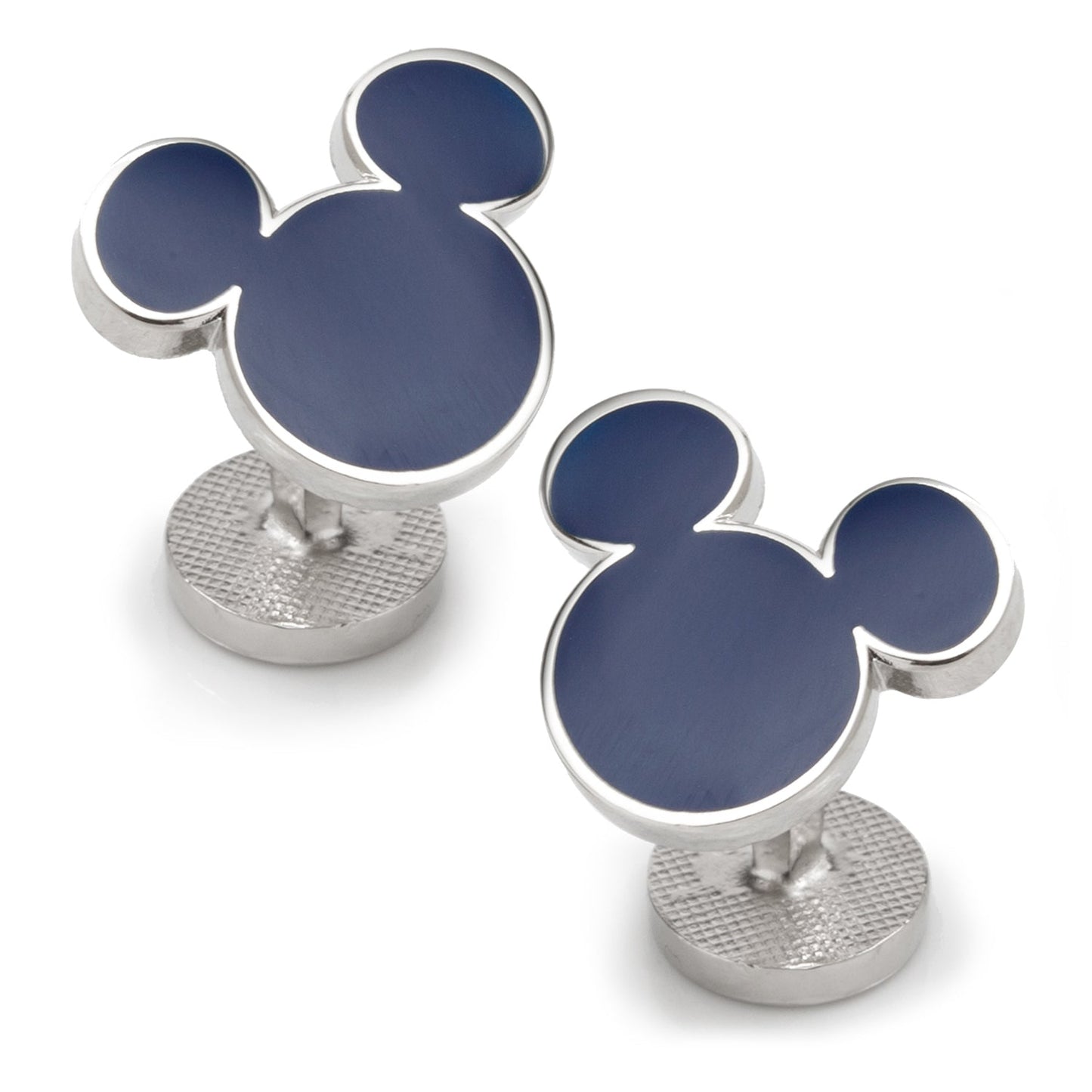 Mickey Mouse head-shaped cufflinks with blue centers and silver bases on a white background
