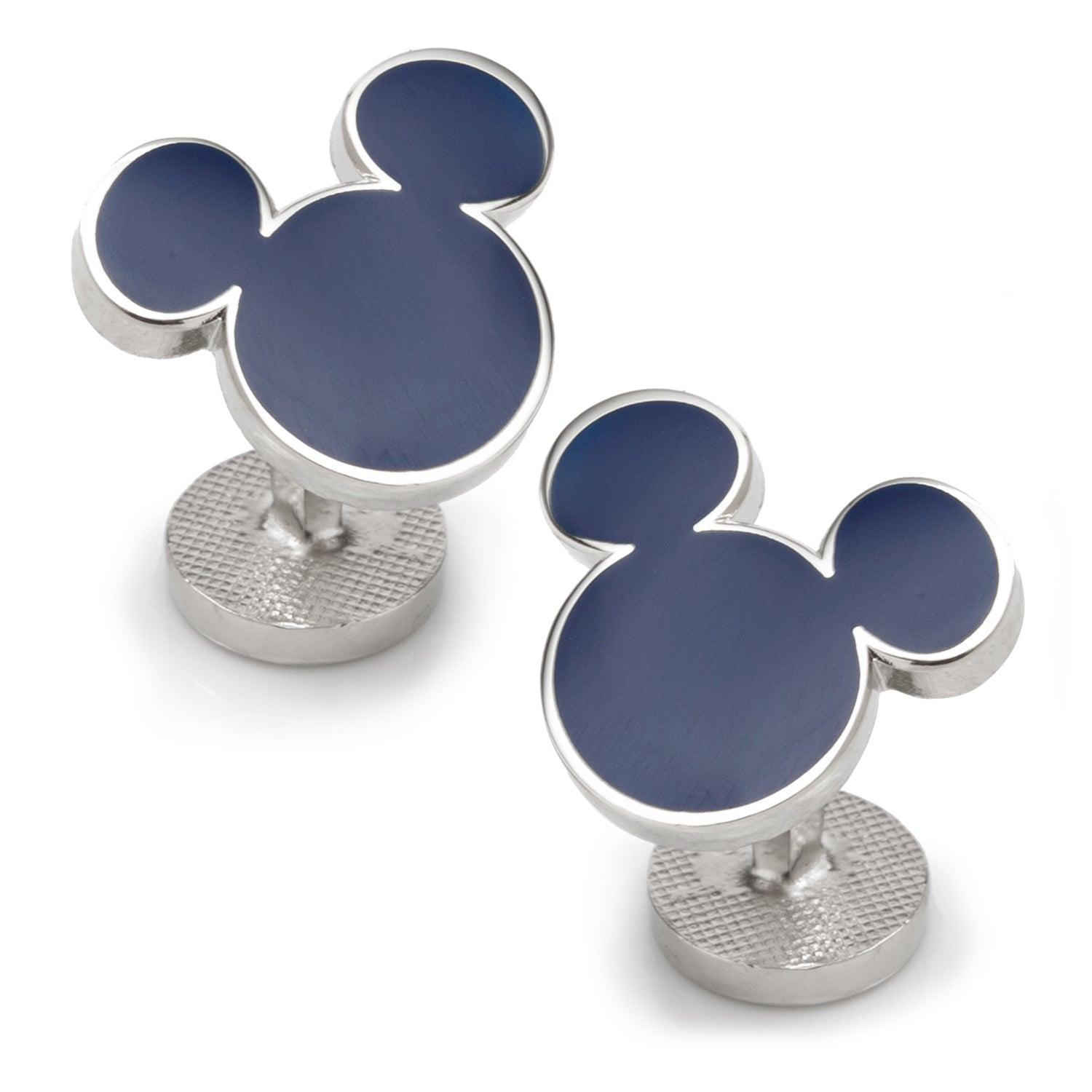 Mickey Mouse head-shaped cufflinks with blue centers and silver bases on a white background