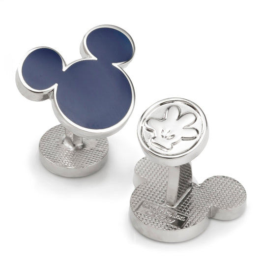 Silver and blue Mickey Mouse cufflinks on a white background