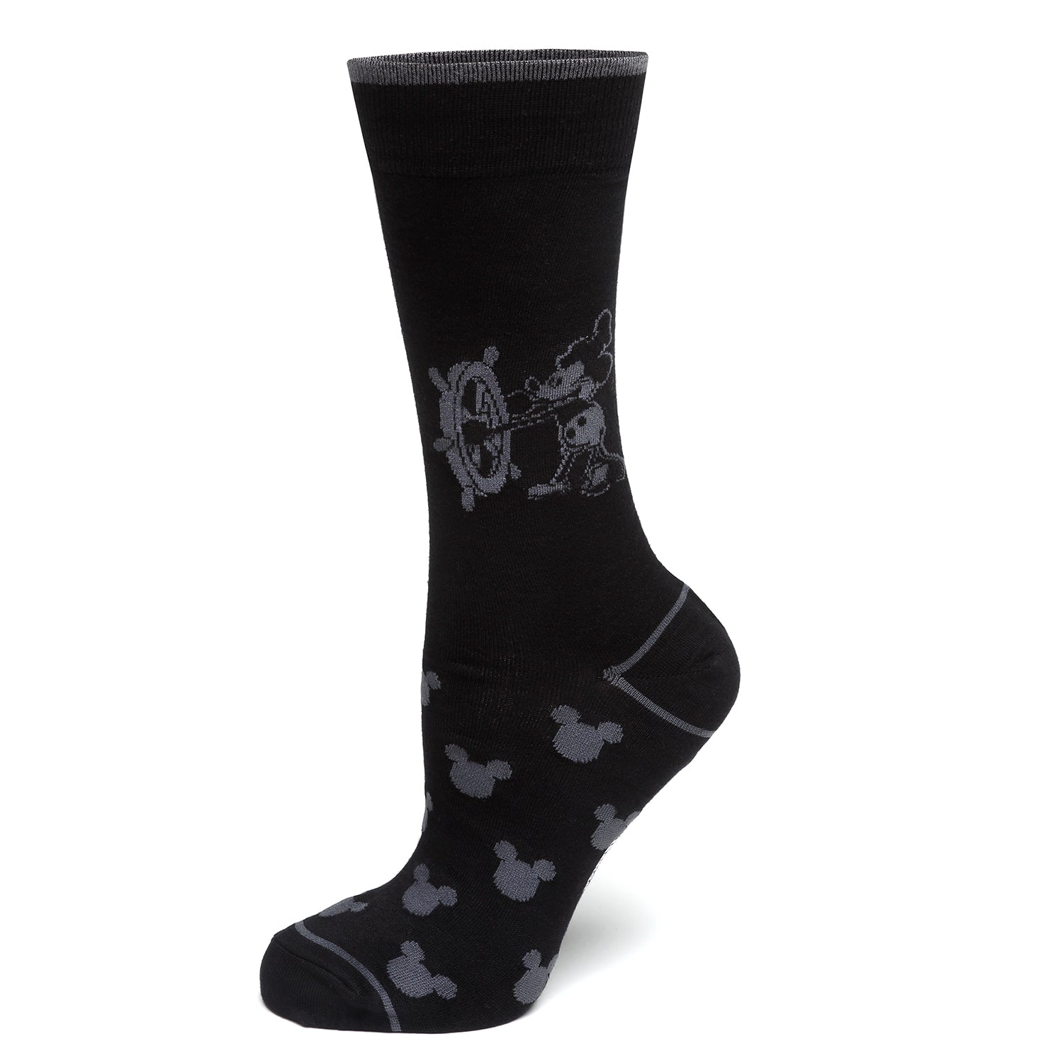 Disney Mickey Mouse Steamboat Willie Sock and Mickey Blue Lapel Pin Gift Set featuring black-and-white socks with vintage Mickey design and blue enamel lapel pin. Officially licensed by Disney.