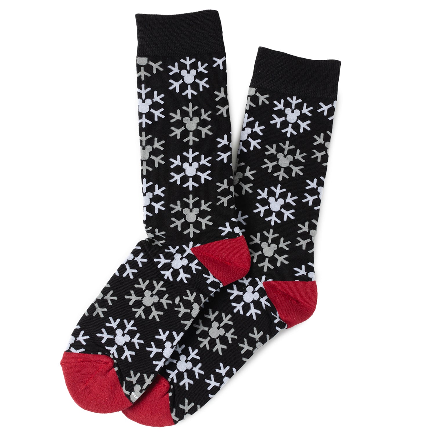 Black socks with white floral pattern and red toes on a white background