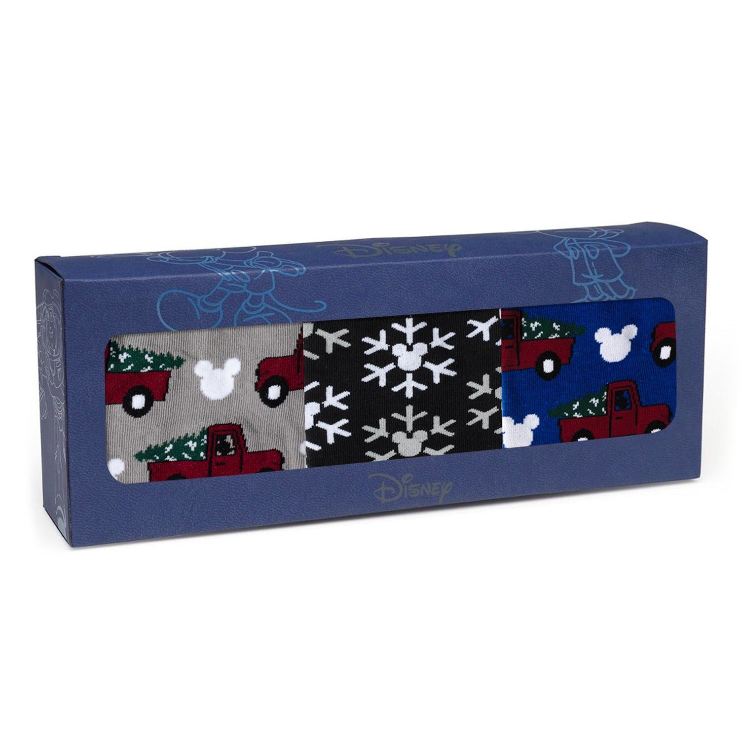 Box of Disney-themed socks with Christmas designs on a white background