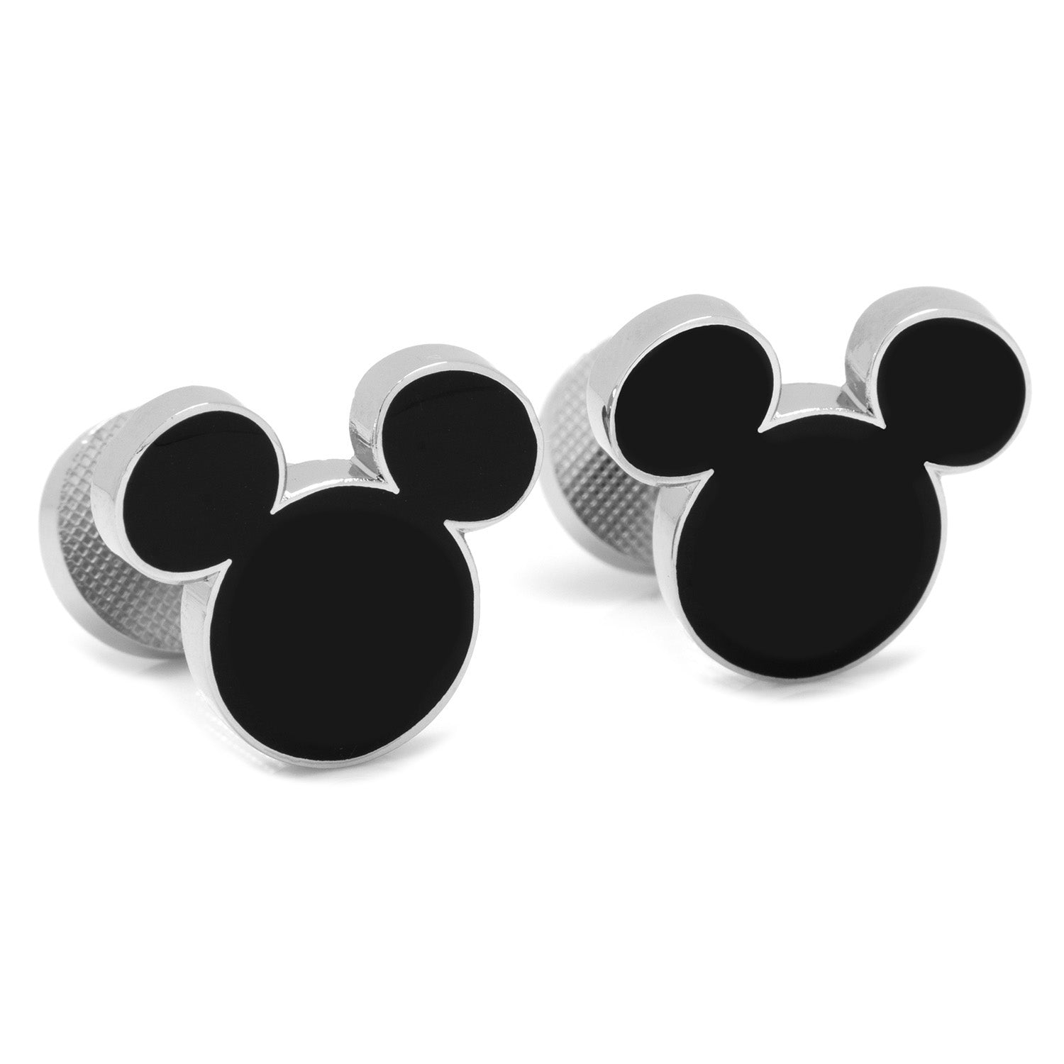 Two silver and black Mickey Mouse head designs on a white background