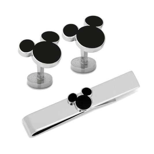 Mickey Mouse inspired cufflinks and tie clip set on a white background