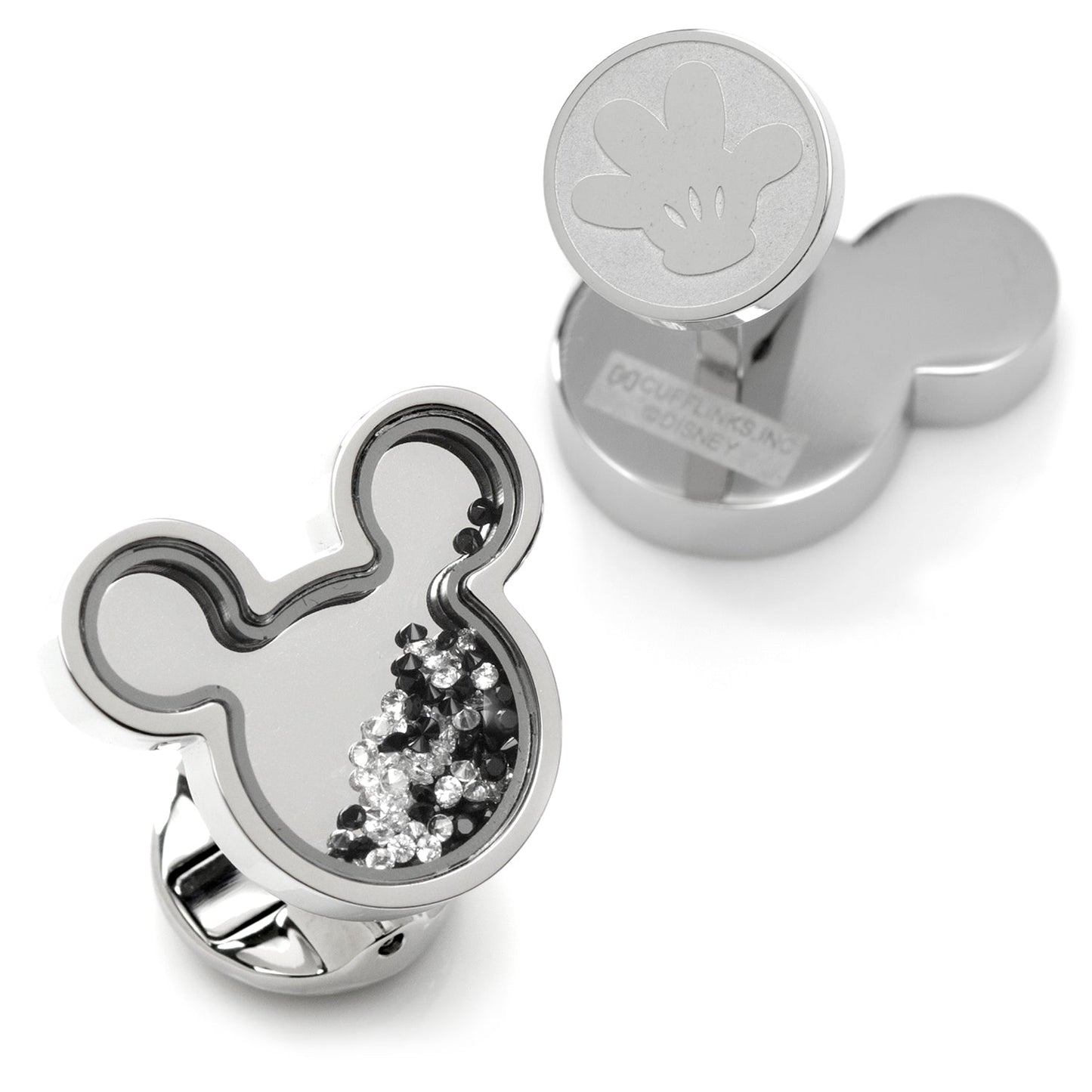 Silver Mickey Mouse cufflinks with gemstone details on a white background