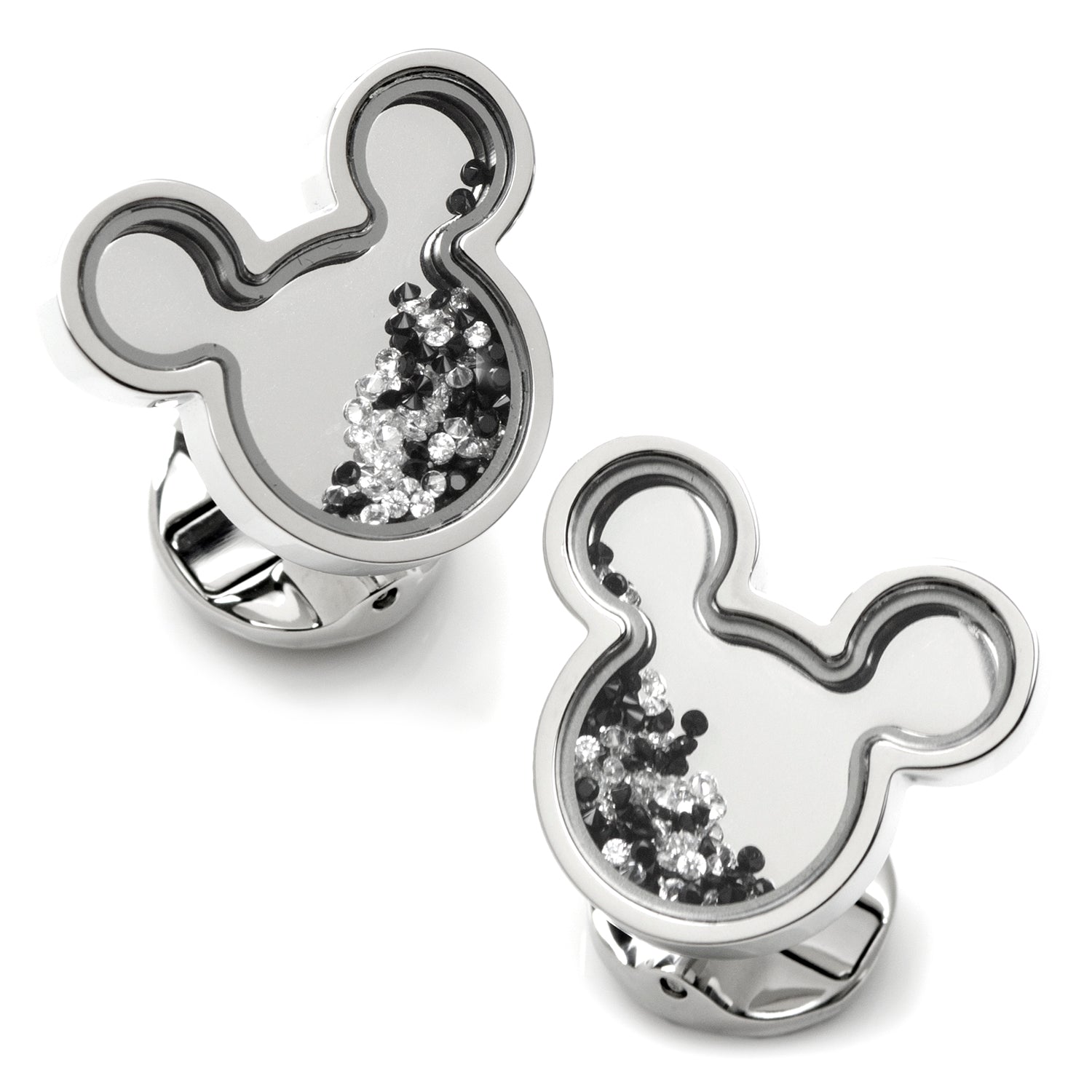 Silver Mickey Mouse-shaped earrings with embedded stones on a white background