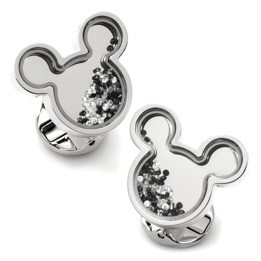Silver Mickey Mouse-shaped earrings with embedded stones on a white background