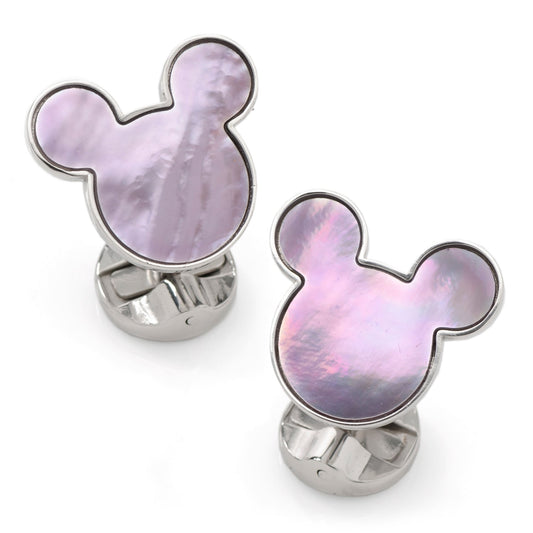 Purple and silver Mickey Mouse head-shaped cufflinks on a white background