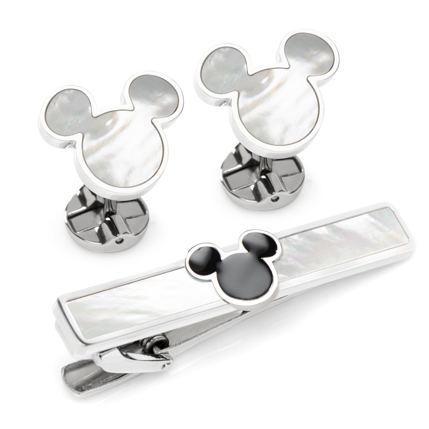 Mickey Mouse-themed cufflinks and tie clip on a white background